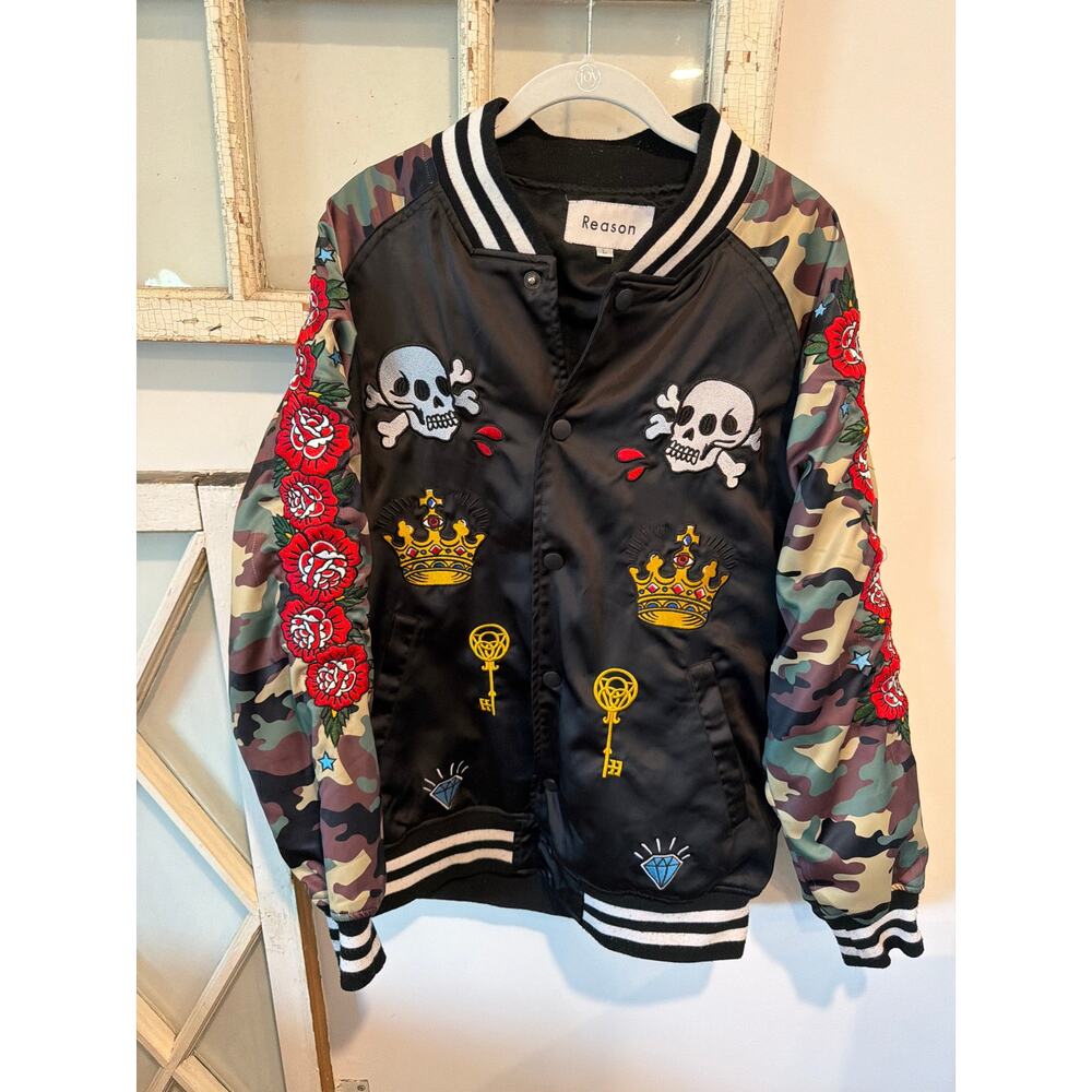 Reason men’s size large embroidered bomber jacket roses skulls crowns